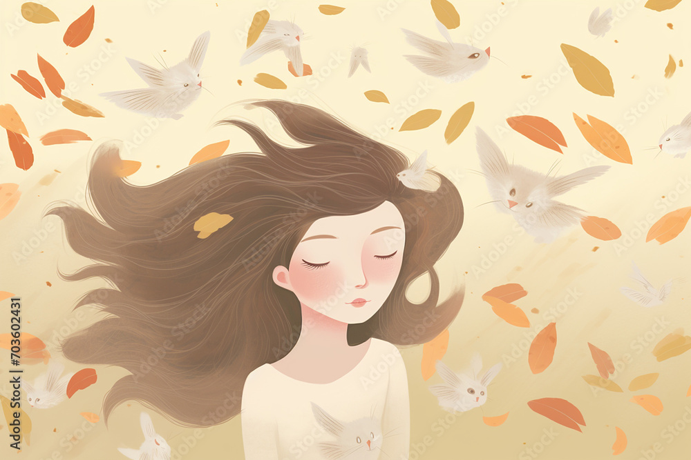 Painting of a youn girl with brown hair lying amongst leaves Painting of a youn girl with brown hair lying amongst leaves
