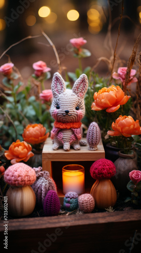 Handmade Crochet Bunny with Autumn Decorations and Candlelight

