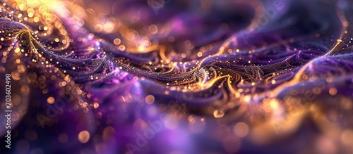 Shiny gold and violet particles in a fractal background. Computer-generated art.