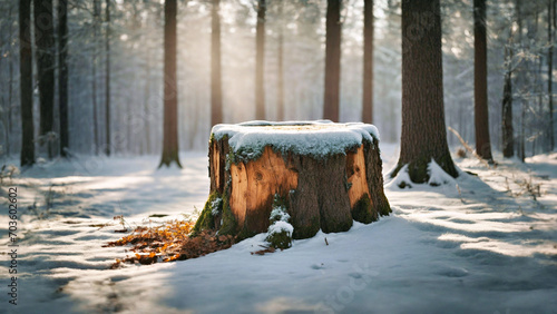 Tree Stump in Snowy Forest     Majestic Nature Scene With Central Stump Surrounded by Winter Landscape