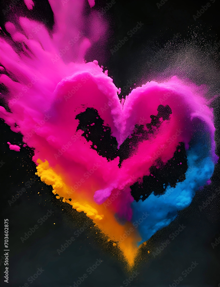 Heart Shaped Cloud of Colored Powder on Black Background