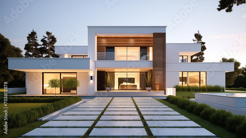 Beautifully designed white house exterior with clean lines. © proDesigner