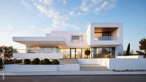Modern white house exterior with clean lines photo