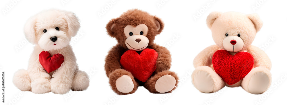 Set of Valentine's Day teddy bear, dog and monkey holding little hearts. Isolates over transparent background Set of Valentine's Day teddy bear, dog and monkey holding little hearts. Isolates over transparent background