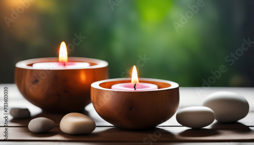 Spa Entspannung mit Kerzen in Holzschalen und Steinen