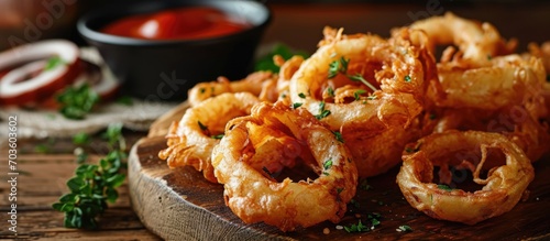 Deep fried onion rings served as an appetizer.