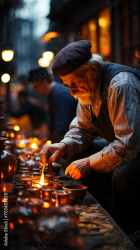 Elderly Man Lighting Candles at Twilight Street Market