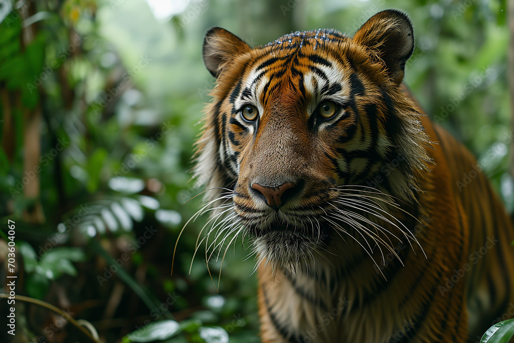 Fototapeta premium Wild Tiger in the Natural Asian and Indian Jungle, Lurking in the Foliage for Prey to Hunt