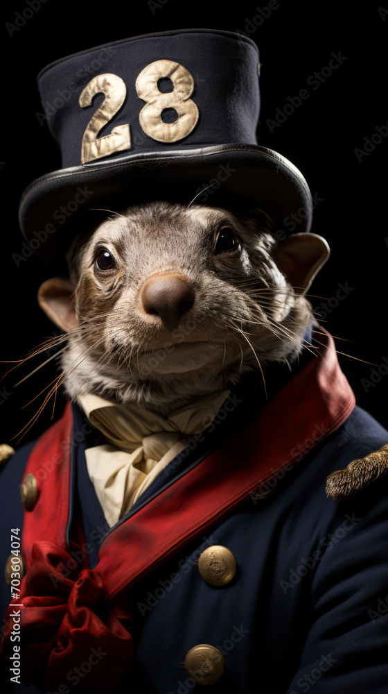 Anthropomorphic Rat in Vintage Conductor Uniform on Black Background

