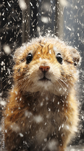 Curious Hamster Peering Through Falling Snowflakes


