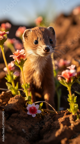 Curious Weasel Peeking Out of a Burrow Amongst Wildflowers at Sunset  
