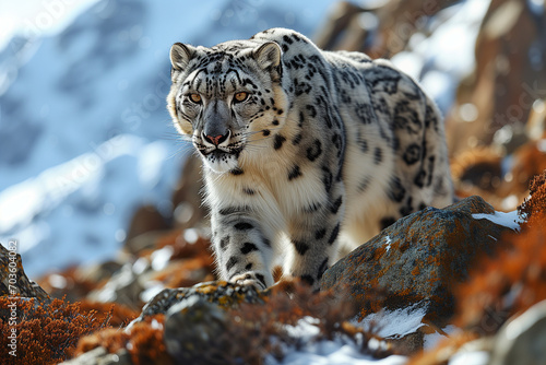 Wild Snow Leopard in a Natural Environment full of Snow and Mountains, Stalking among the Rocks with Elegance and Dangerousness photo