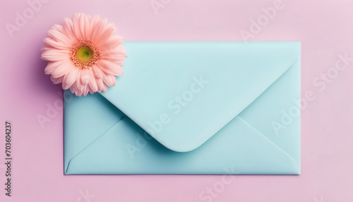 Pastellfarbener Briefumschlag mit Blume auf pastellfarbenem Hintergrund