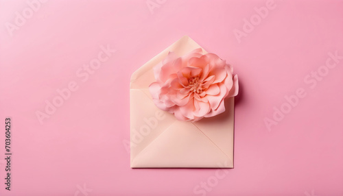 Pastellfarbener Briefumschlag mit Blume auf pastellfarbenem Hintergrund © schiers_images