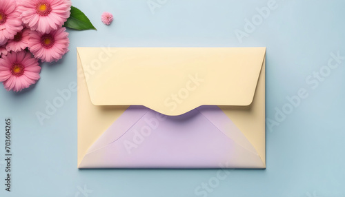 Pastellfarbener Briefumschlag mit Blume auf pastellfarbenem Hintergrund