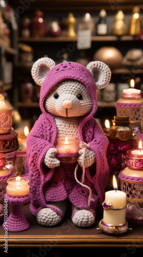 Handmade Crochet Teddy Bear in Mouse Costume with Candles