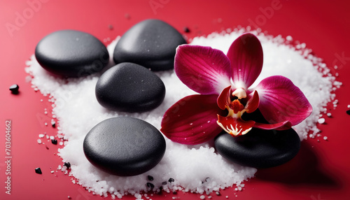 Spa Konzept - Rote Orchideen mit Basaltsteinen auf rotem Hintergrund