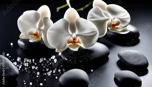 Spa Konzept - Weiße Orchideen mit Basaltsteinen auf dunklem Hintergrund