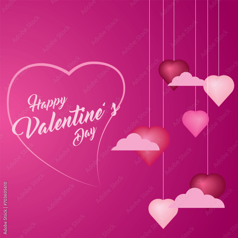 Background design with three-dimensional hearts and clouds. Place for text. Happy Valentine's Day sale header.