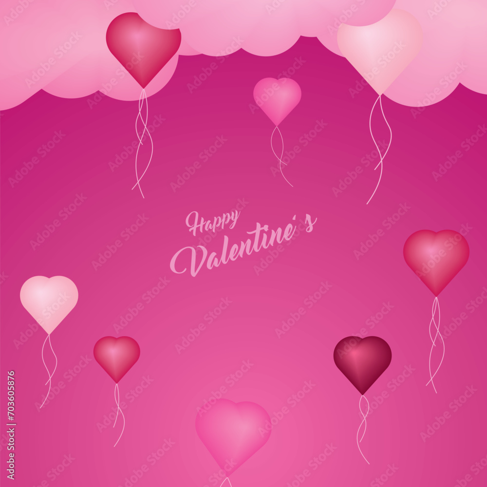 Background design with three-dimensional hearts and clouds. Place for text. Happy Valentine's Day sale header.