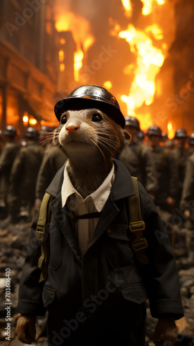 Anthropomorphic Firefighter Cat Leading Team in Urban Blaze