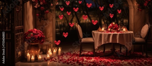 Romantic restaurant date with luxurious candlelight setup for Valentine's Day. Location decorated with an arch, wall, and photo zone flowers for a surprise marriage proposal. photo
