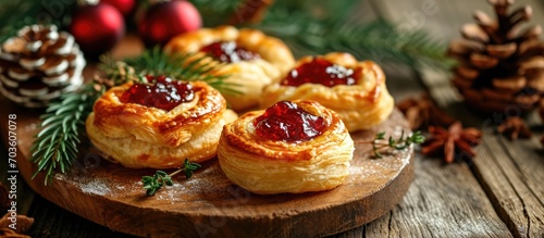 Cheese and jam puff pastry wheels, Christmas appetizers on a wooden board. photo