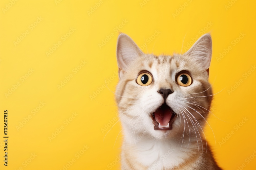 Upset cat, kitten screaming and crying with opened mouth. fluffy home pet is angry and swears on a yellow, orange background.