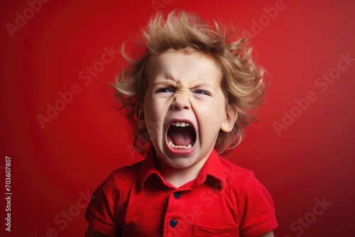 Upset boy in yellow t shirt screaming and crying with opened mouth and closed eyes against © Svetlana