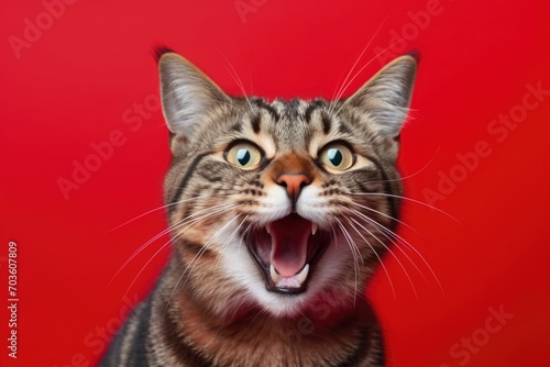 Upset cat, kitten screaming and crying with opened mouth. fluffy home pet is angry and swears on a red background.