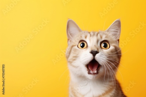 Upset cat, kitten screaming and crying with opened mouth. fluffy home pet is angry and swears on a yellow, orange background. © Svetlana