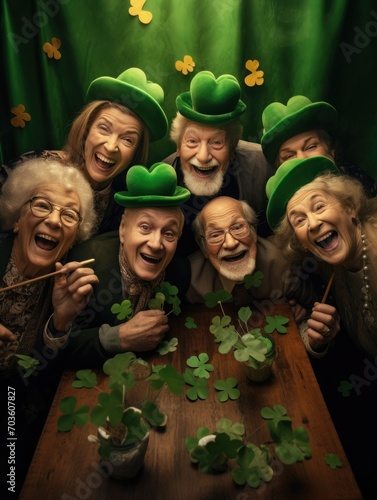 company Senior man and women in green hat with clover. old people St. Patrick's Day celebration. active retirement photo