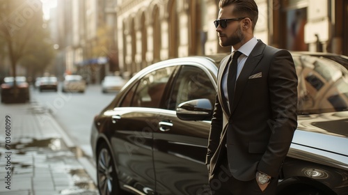 Handsome young man in suit and sunglasses standing near his luxury car on the street © Elzerl
