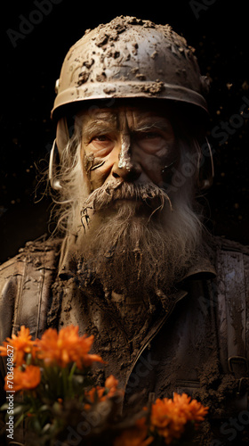 Elderly Veteran with a Helmet Surrounded by Darkness and Orange Flowers