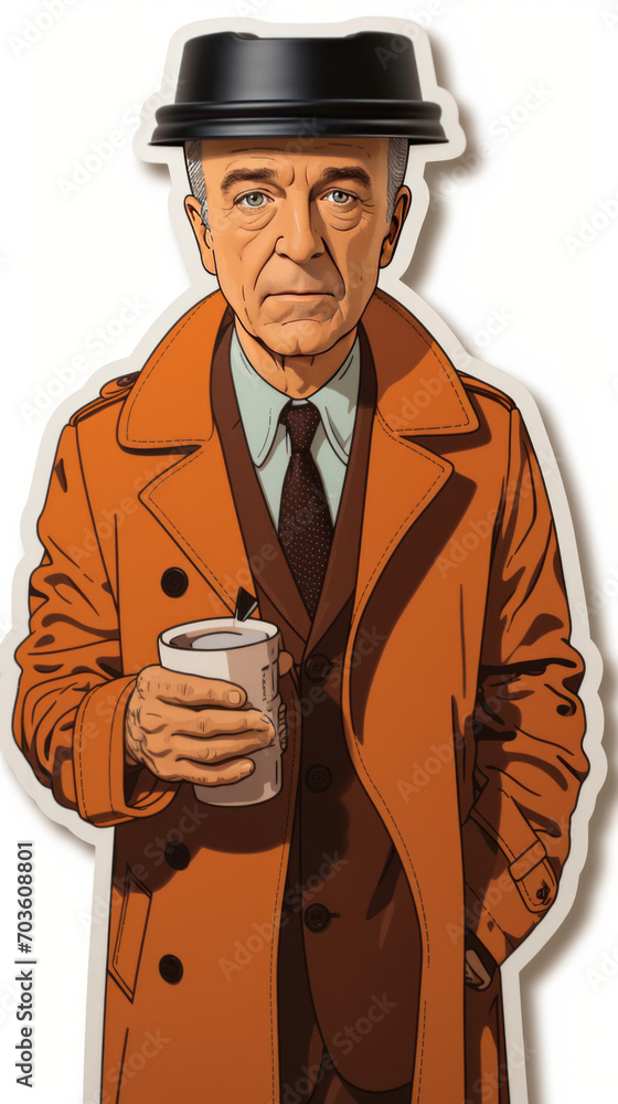 Cartoon Detective Character in Trench Coat with Coffee Cup

