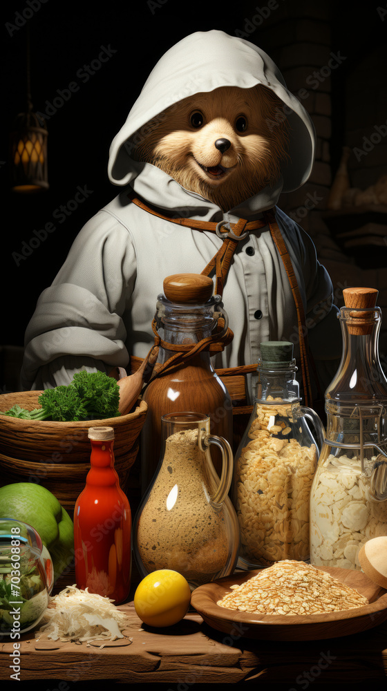 Anthropomorphic Bear in Chef's Outfit with Rustic Kitchen Table Setting

