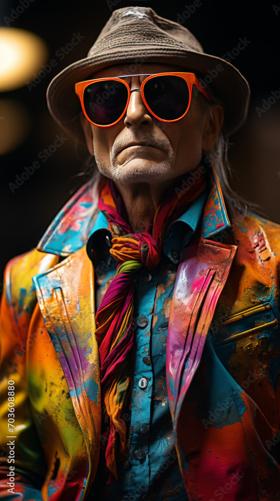 Stylish Senior Man with Vibrant Painted Jacket and Orange Sunglasses
Stylish Senior Man with Vibrant Painted Jacket and Orange Sunglasses