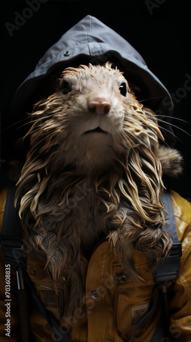 Anthropomorphic Otter in Yellow Raincoat and Hood