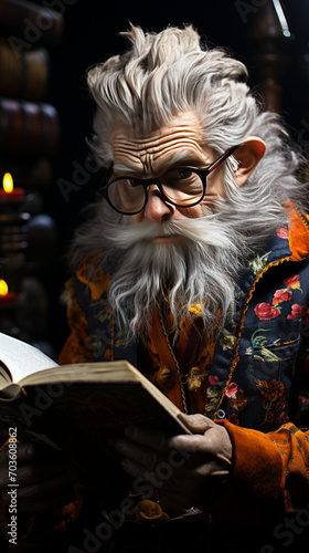 Elderly Scholar Reading a Book in a Dimly Lit Room