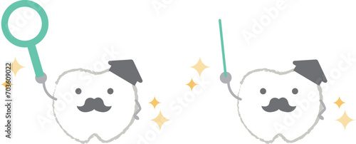 指差し棒を持って教えるかわいい教授風の歯のイラスト　主線あり
