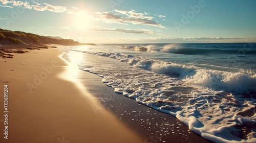 Waves Gently Crashing on Sandy Beach at Sunset