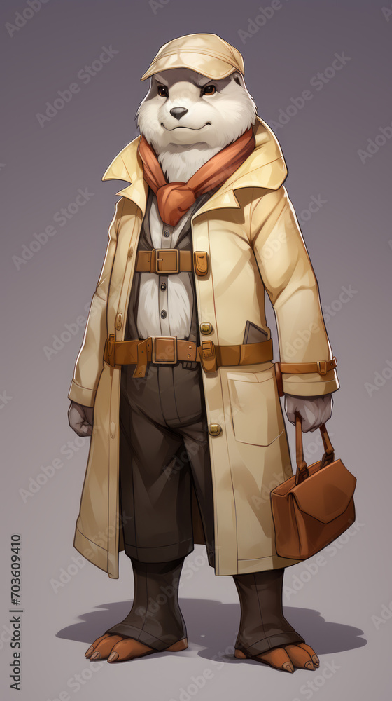 Anthropomorphic Otter Detective Character in Trench Coat

