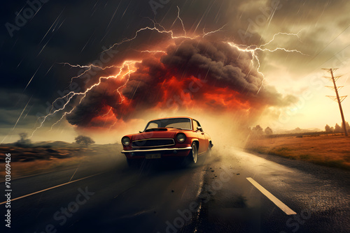 car hit by thunder,fast car, storm car, car driving through thunderstorm, cool car © MrJeans
