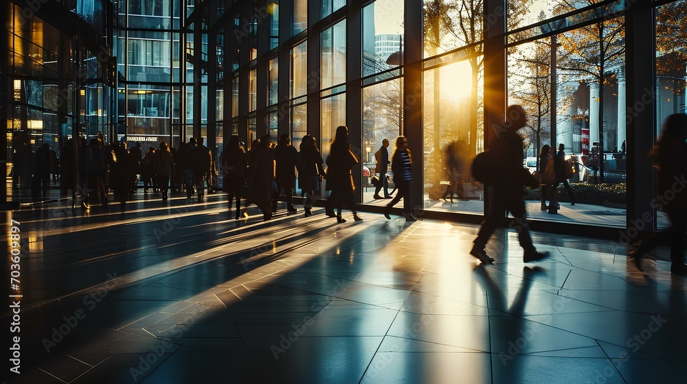 business scene with people walking with blurred background in indoor business building, dark gray and light amber, contemporary glass window, busy street. generative AI