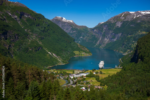 Geiranger, Norway is a small tourist village at the head of the Geirangerfjorden, photo