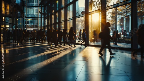 business scene with people walking with blurred background in indoor business building  dark gray and light amber  contemporary glass window  busy street. generative AI