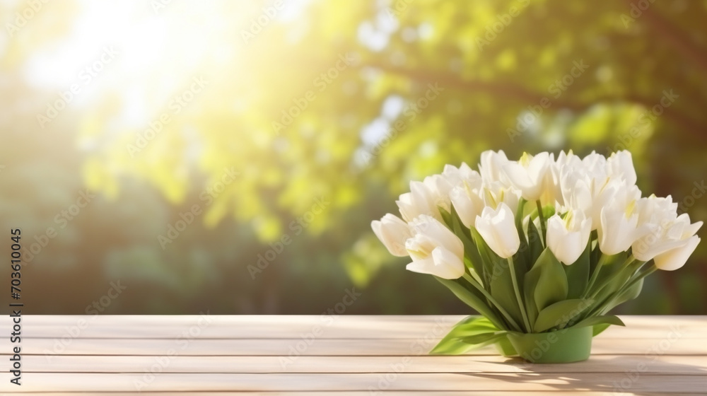 white tulip bouquet on wooden table in summer under sunlight, free space for product presentation white tulip bouquet on wooden table in summer under sunlight, free space for product presentation