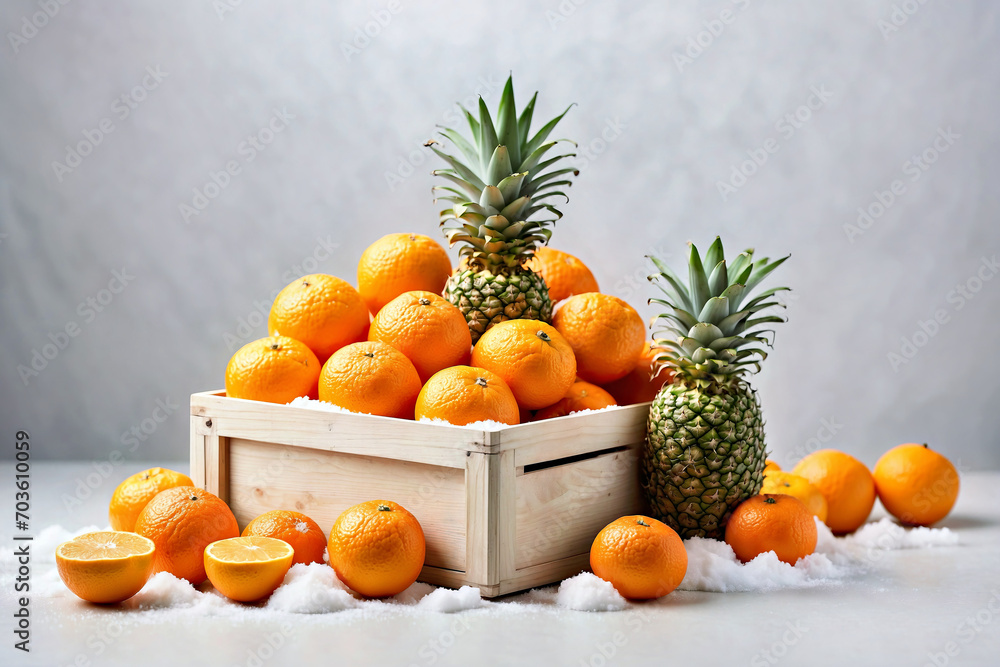 Wooden Box Filled With Oranges and Pineapples, Fresh Produce for a Healthy Feast