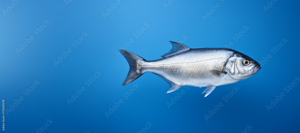 Obraz premium A high-quality portrait captures a gaunt, swirling silver fish swimming underwater against a blue background.