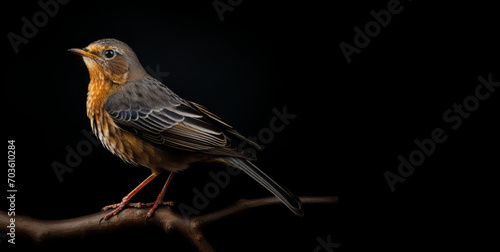 A highly realistic photo shows a small bird, possibly a robin, perched on a tree branch against a deep black background.